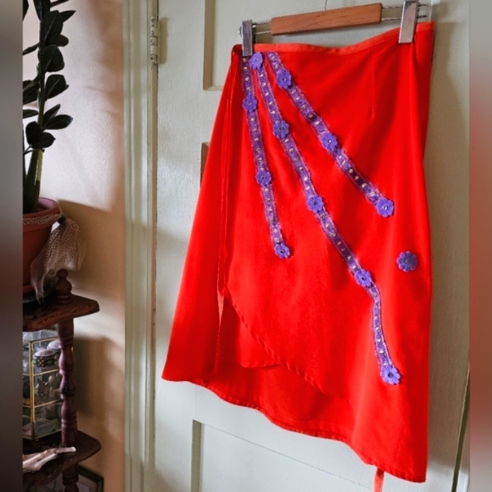 Vintage flower power whimsical retro 60s 70s hippie orange purple wrap skirt